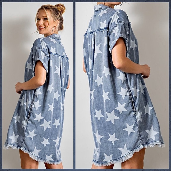 EASEL "Twinkle Star" Lightweight Cotton Denim Shirt Dress Button Up W/ Raw Seams - Picture 6 of 16
